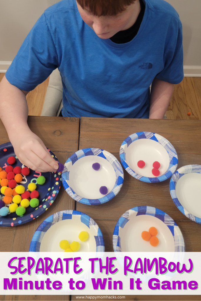 This fun Minute to Win It classroom game is a color sorting game. It's a 60 second challenge that has students separating pom poms or Skittles by color. The speed makes the challenge for kids in kindergarten, Elementary School and Middle School. Great brain break activity or classroom party game at holidays, 1st day of school or end of the year parties. Simple to set up and a blast to play!