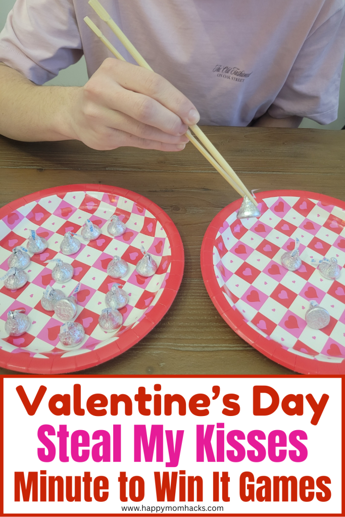 Fun Valentine's Day Minute to Win it Game with chopsticks and Hershey's Kisses. A quick 60 second challenge to move the Hershey's Kisses to an empty plate. Easy to set up and play at Valentine's Day parties, school parties, office parties, Galentine's day parties or family game nights in February.
