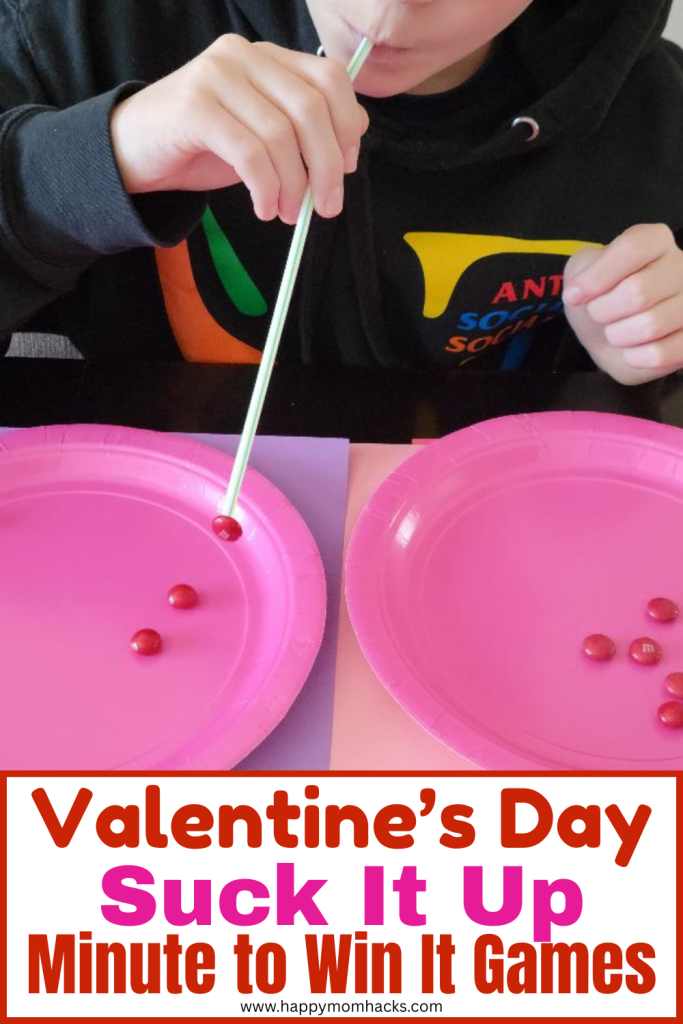 Quick 60 second challenge Valentine's Day challenge for Valentine's Day parties. Players use a straw to suck up Valentine's M&Ms and pass to another plate. This fun minute to win it game is easy to set up and funny to watch. Perfect Valentine's Day game for kids, teens and adults to play.