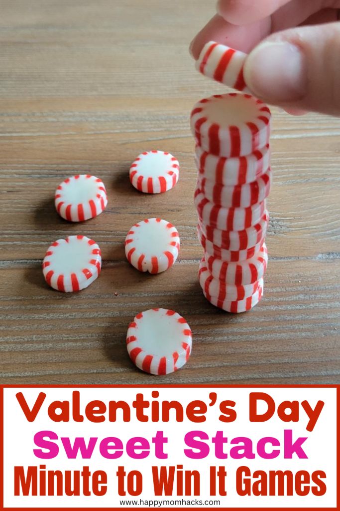 Peppermint Valentine's Day Minute to Win it game is a funny 60 second challlenge for Valentine's Day parties. See who can stack the peppermint candy the highest before the one mintue timer goes off. Fun holiday party game for kids, teens and adults to play at Valentine's day parties, classroom parties, Galentine's Day games, or family game nights. All you need is a bag of peppermint candy. It's that easy to play!