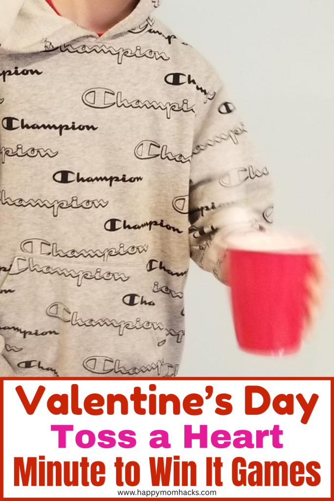 Team up for a fun Valentine's Day Mintue to Win It Game. Players try and toss conversation hearts or ping pong balls into their partners plastic solo cup. A fun 60 second challenge that easy to play and hilarious to watch at Valentine's Day parties.