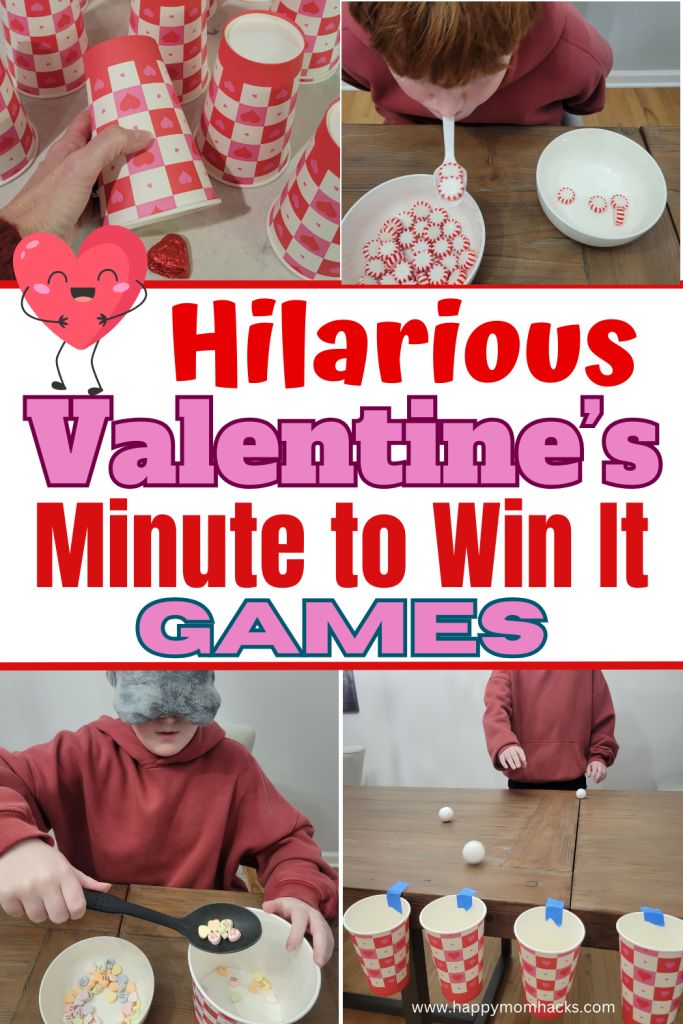 Quick and funny Minute to Win It Games for Valentine's Day Parties kids, teens and adults love. Find 40 easy 60 second challenges to play at Valentine's Day Parties, Classroom Parties, Office Parties, Teen Valentine's Parties, Galentine's parties or family game nights. Play fun conversation hearts games, Junk in the Trunk, heart pong, chopstick pick up and more. Check out the easy directions for each game and find your favorite for your Valentine's Day Party!