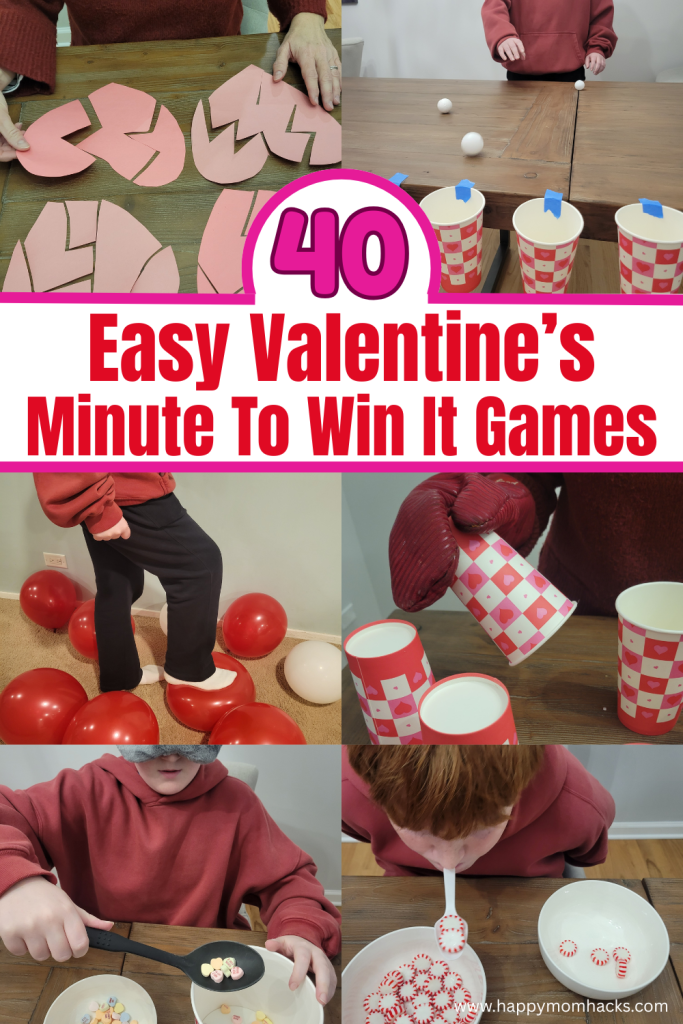 Funny Minute to Win it Valentine's Day games for kids to play at Classroom parties or family game nights at home. 40 easy to make 60 second challenges with cheap items. Create hilarious conversation hearts games, junk in the trunk, balloon games and fun one minute challenges. Perfect Valentine's Day party games for kindergarten, Elementary School, Middle School and High School age kids. Easily adjust the difficutly level of each game to fit all ages from Kids to teens and adults!