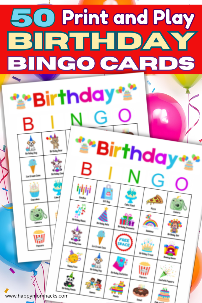 Play this fun and Free Birthday Bingo Game as an easy birthday party game for kids, teens and adults. With 50 Unique bingo board cards, calling cards and markers you'll have everything you need to play. Plus it comes in two size 8.5 x 11 and 5x7 so you can save money on printing. Just download, print and play this exciting birthday game ideas today!