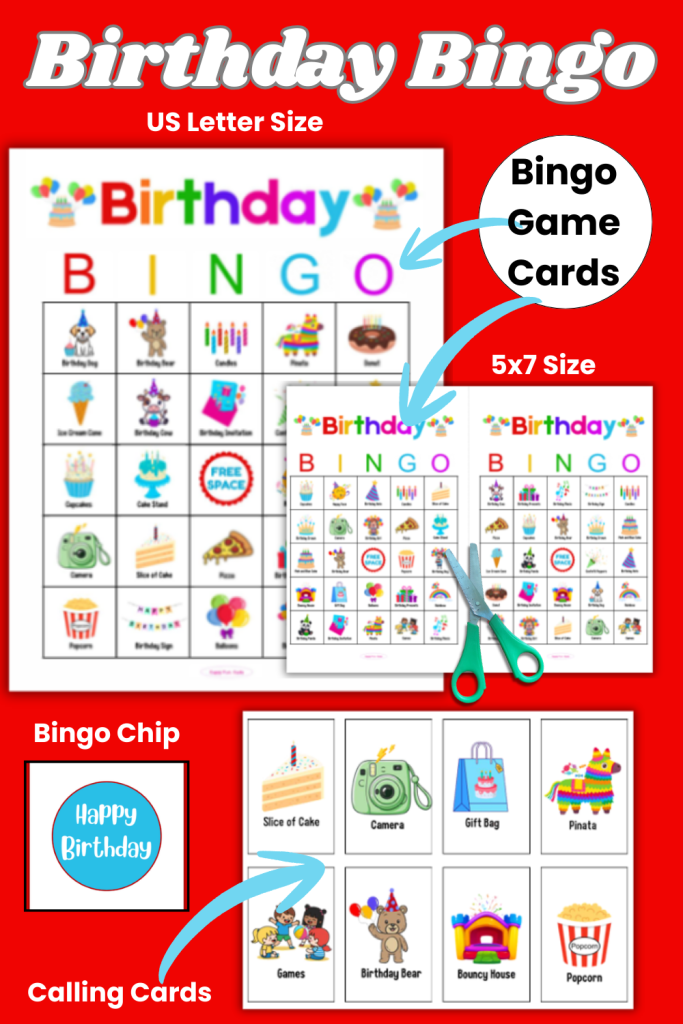 What's included in the Free Printable Birthday Bingo Game. You'll get 50 unique birthday bingo cards, calling cards and markers. The Birthday bingo boards come in two sized 8.5 x 11 and 2 5x7 cards on US Letter paper. An easy to play birthday bingo game you can just print and play today!