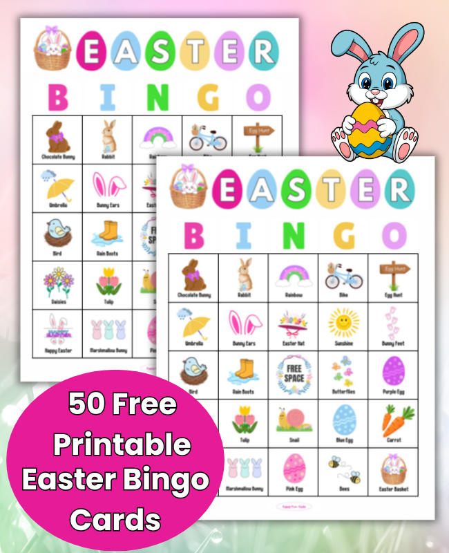 Fun and Free Easter Bingo Game for kids, teens and adutls. With 50 bingo game boards, calling cards and markers you have everthing you need to play this Easter Party game with family and friends.