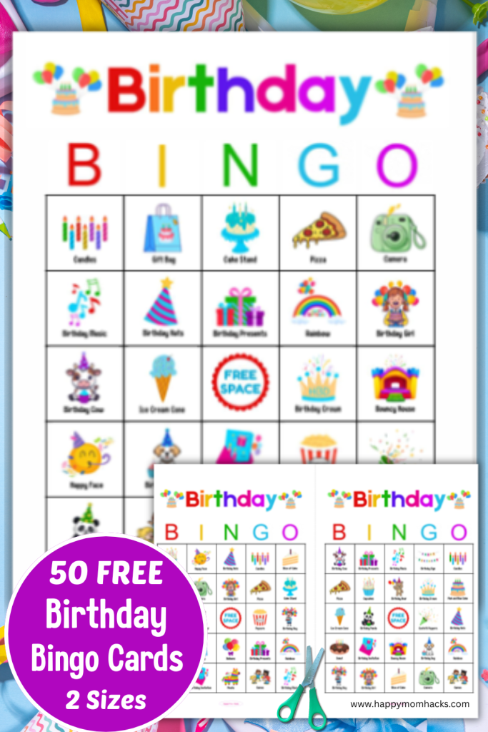 Grab this Free Printable birthday bingo game as an easy birthday game for kids. It includes 50 different Bingo Cards, calling cards and bingo markers so large or small groups can play. A simple and fun birthday party idea for girls and boys birthday parties. All you need to do is print and play!