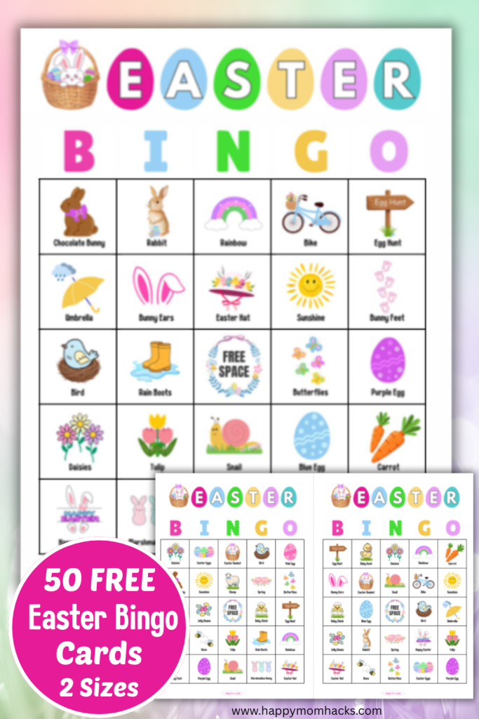 50 Fun Free Printable Easter Bingo Cards and calling cards to play this Easter with kids, teens and adults. An easy print and play Easter party game for classrooms, as Easter Sunday games, Sunday school games, youth group games, church group games or family game nights. With two sizes to print it's the perfect game for small or large groups. Just download, print and play at your next Easter celebration!