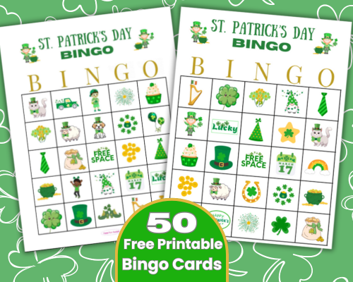 Fun St. Patrick's Day Bingo game to celebrate St. Paddy's day. 50 different Bingo cards, calling cards and bingo chips. An easy free printable St. Patrick's Day party game, classroom game, senior game, office game, kids party game or family game night idea in March!