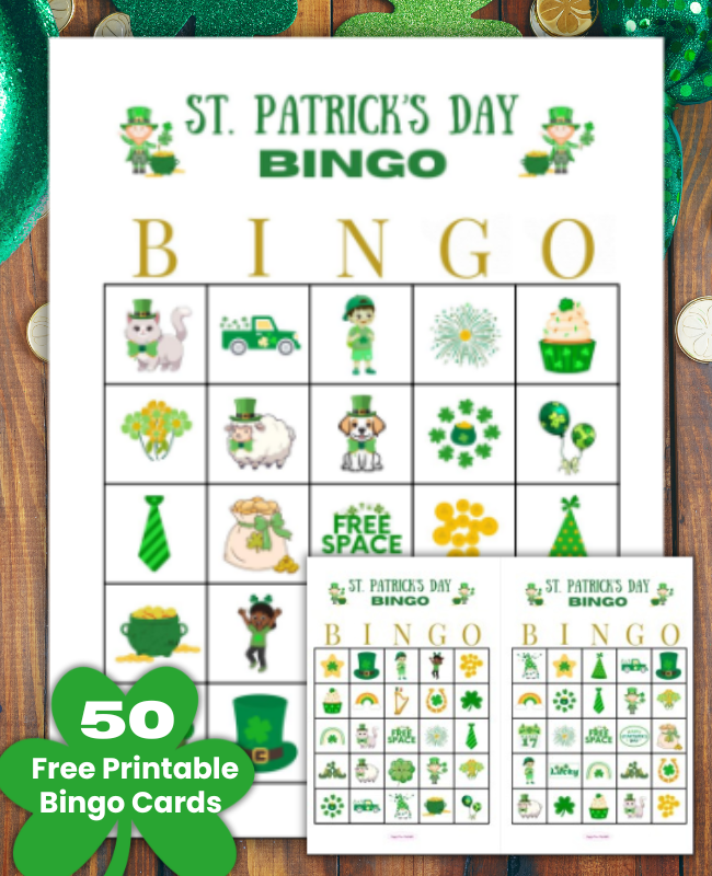 Fun and Free St. Patrick's Day bingo game for kids, teens, adults and seniors. Pefect way to celebrate St. Paddy's day with 50 free printable Bingo cards and calling cards. Making it an easy party game for St. Patrick's Day parties, classroom parties, teen parties, office parties or familyl game nights.