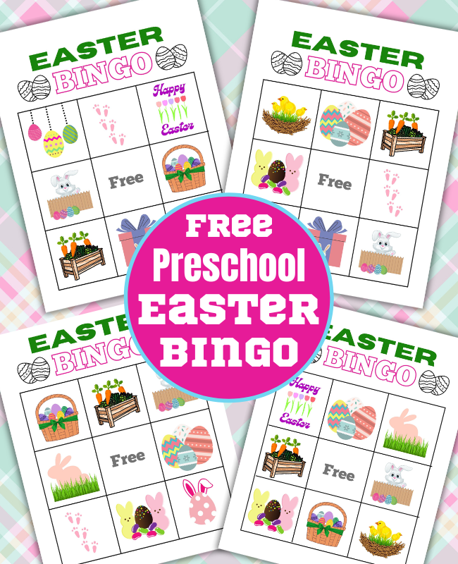 Fun Easter bingo game for preschoolers to play on Easter Sunday, as Classroom Activities or at Easter parties. Includes Free printable Easter bingo cards and calling cards for preschool and kindergaten age kids.