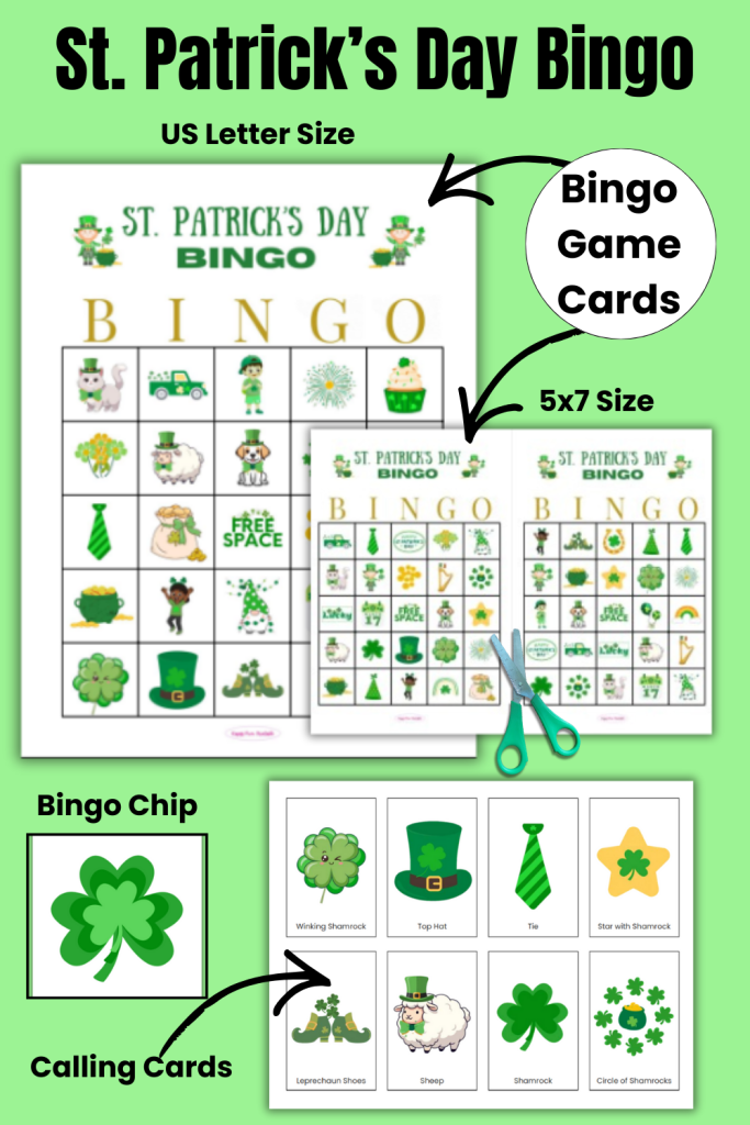 What's included in the St. Patrick's Day Bingo Game bundle. The free printable St. Patrick's day game includes 50 bingo game cards in size US Letter and 5x7 size, bingo chips and Calling cards. Everything you'll need to play this fun party game on St. Patrick's Day with friends and family.