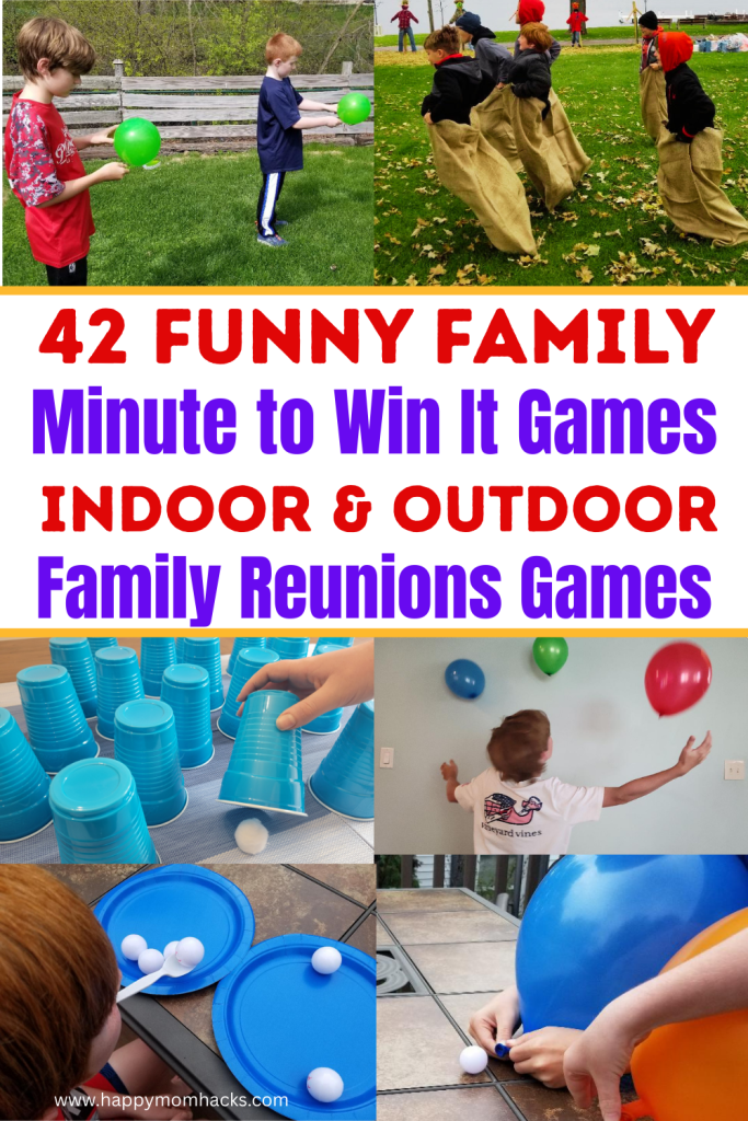 Hilarious Family Reunion Minute to Win it Games the whole family can play together. 42 Quick 60 second challenges with items you have at home. The perfect icebreaker games to get everyone talking & laughing. Includes Junk in the Trunk, cookie face, Movin up, defying gravity, ping pong games & more fun family games. Play these family games at Family Reunion Parties, Family Holiday parties or family game nights all year long with both indoor and outdoor game ideas.