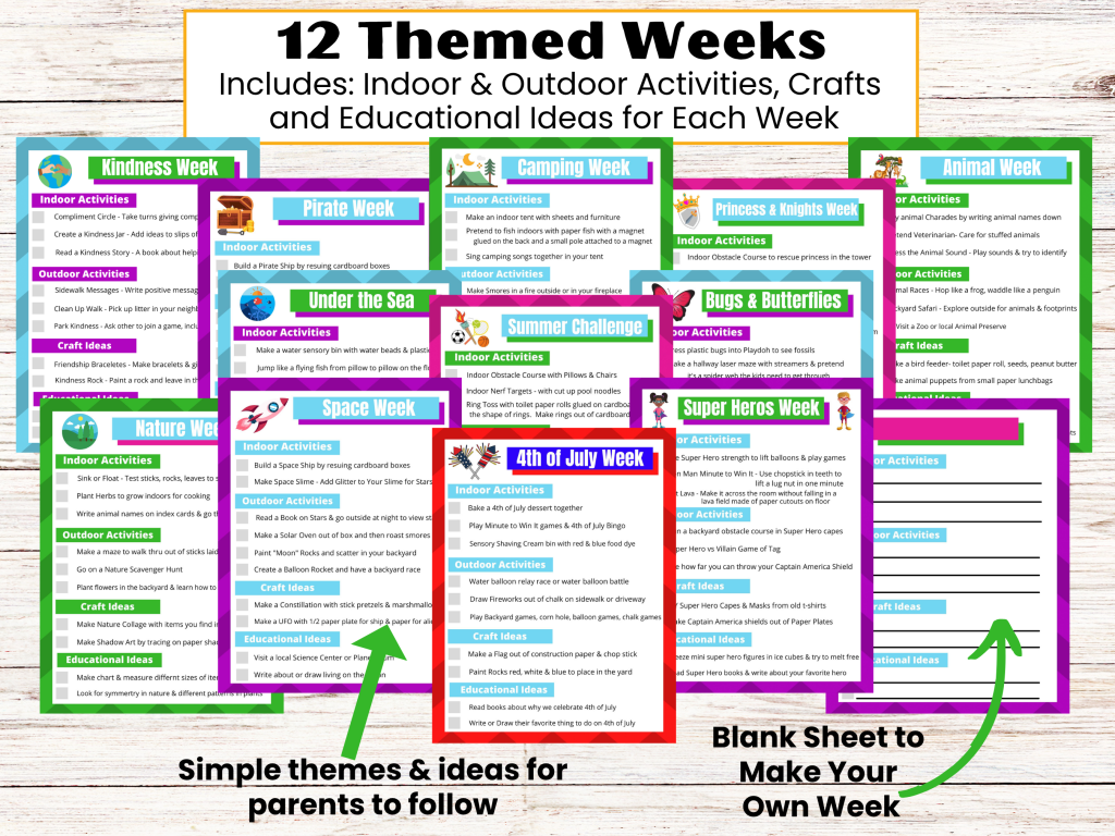 Printable Summer camp Themes to use at home with 12 weeks of summer ideas. Each week includes indoor and outdoor activities, crafts and educational ideas. An easy way to create a DIY summer camp at home.
