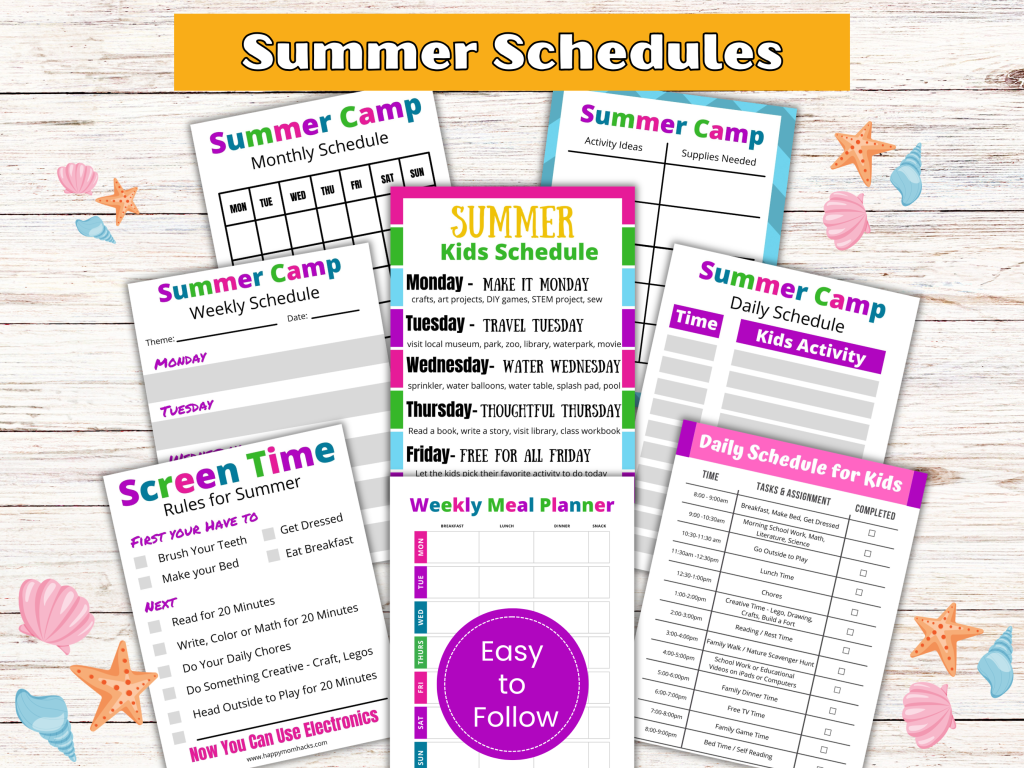 Printable Summer Schedules for kids with daily, weekly and monthly schedules to help create a fun summer camp at home.