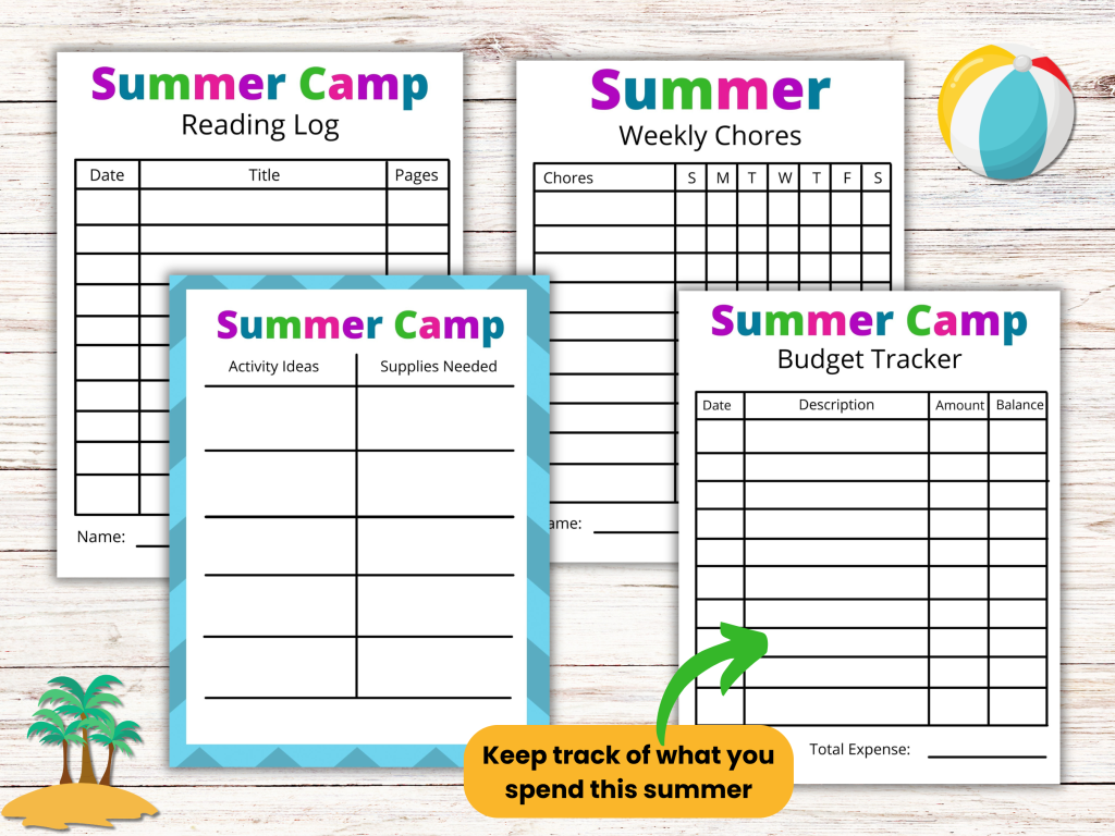 Get organized with summer camp trackers and planners to create an easy DIY summer camp. Just print out these reading logs, summer chores chart, budget tracker and activitiy supply list.