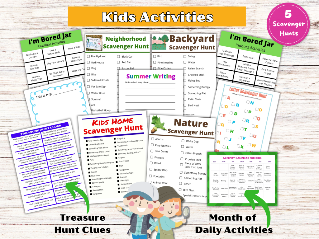 Fun Summer camp activities in a printable summer camp at home bundle with scavenger hunts, I'm Bored Jar, coloring activity, writing prompts and treasure hunts.