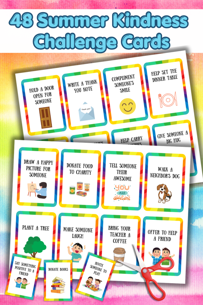 Start a Summer Kindness Challenge with your kids at home or at summer camp to teach kindness this summer. Make it easy with 48 printable Random Acts of Kindness cards to help give kids activity ideas that will spread kindness all summer long. Let your kids pick a card that has pictures for younger kids and words for older kids, so the whole family can enjoy the summer challenge together. A fun and meaningful summer activity they'll remember.