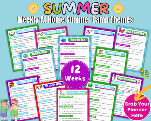 12 weeks of summer camp at home themes with weekly indoor activities, outdoor activities, summer crafts, and educational activities. An easy way to plan your DIY summer camp at home.